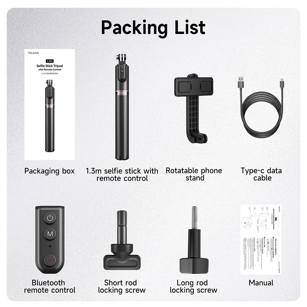 TELESIN Upgraded 1.3m Bluetooth Remote Control Selfie Stick for GoPro/Phone