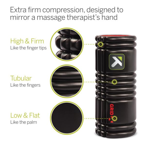 TriggerPoint Grid X Foam Roller – Extra-Firm Density for Deep Tissue Massage, Muscle Pain Relief & Recovery, Compact & Travel-Friendly, Sweat-Proof Surface, Supports 550 lbs/250 kg, 33cm, Black