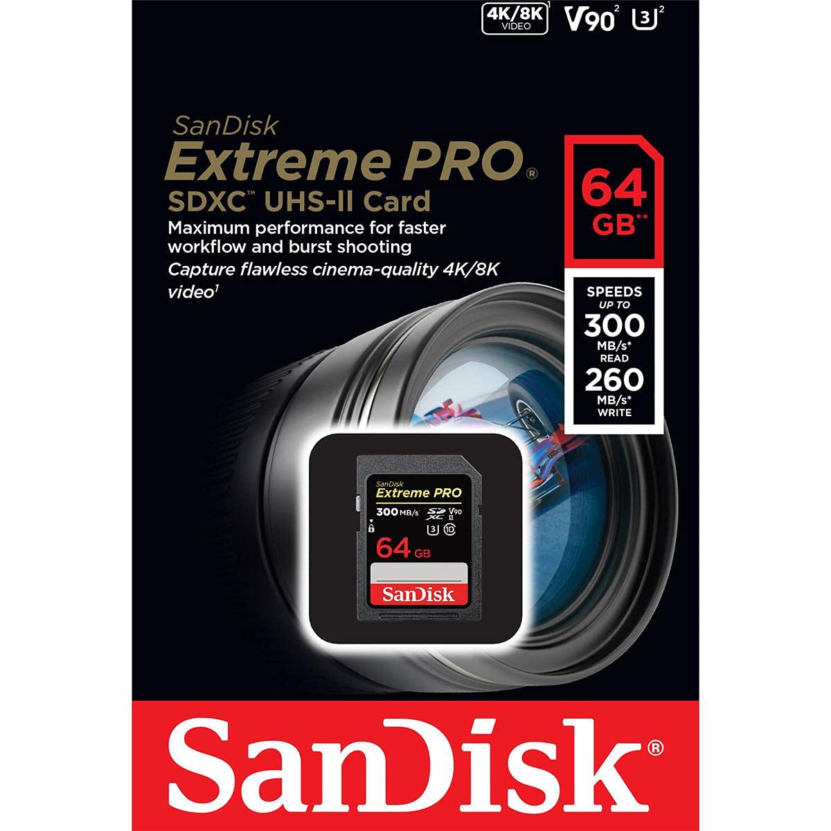 SanDisk 64GB Extreme PRO SDXC card, SD Card, V90 Memory Card, 8K, 4K and Full HD Video, up to 300 MB/s, Shock, Temperature, Water and X-Ray Proof, UHS-II, Class 10, U3