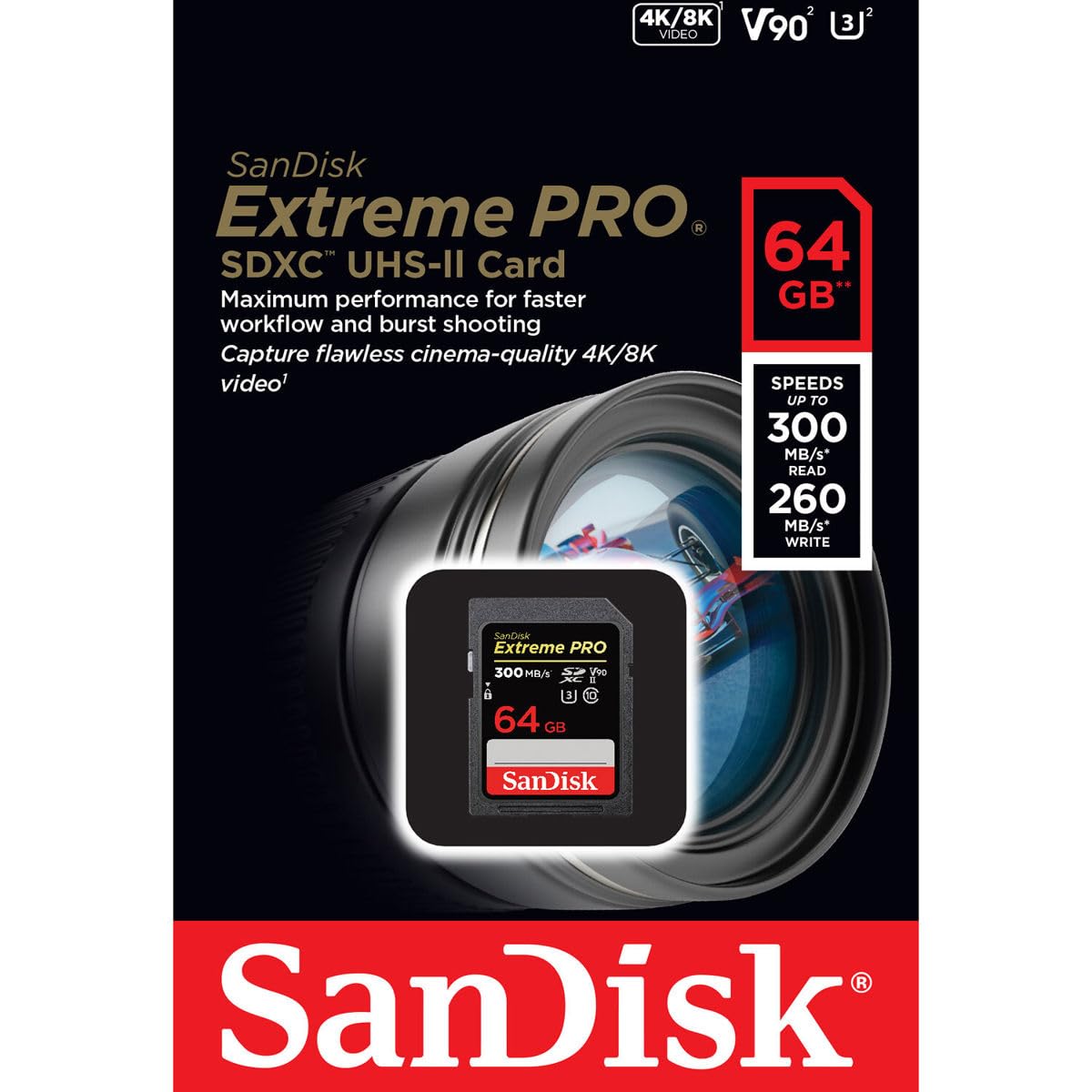 SanDisk 64GB Extreme PRO SDXC card, SD Card, V90 Memory Card, 8K, 4K and Full HD Video, up to 300 MB/s, Shock, Temperature, Water and X-Ray Proof, UHS-II, Class 10, U3