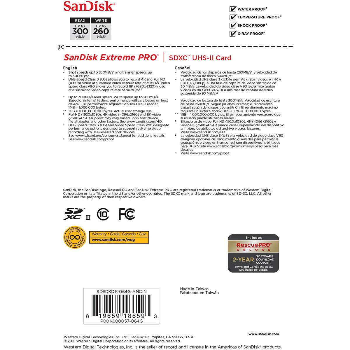 SanDisk 64GB Extreme PRO SDXC card, SD Card, V90 Memory Card, 8K, 4K and Full HD Video, up to 300 MB/s, Shock, Temperature, Water and X-Ray Proof, UHS-II, Class 10, U3