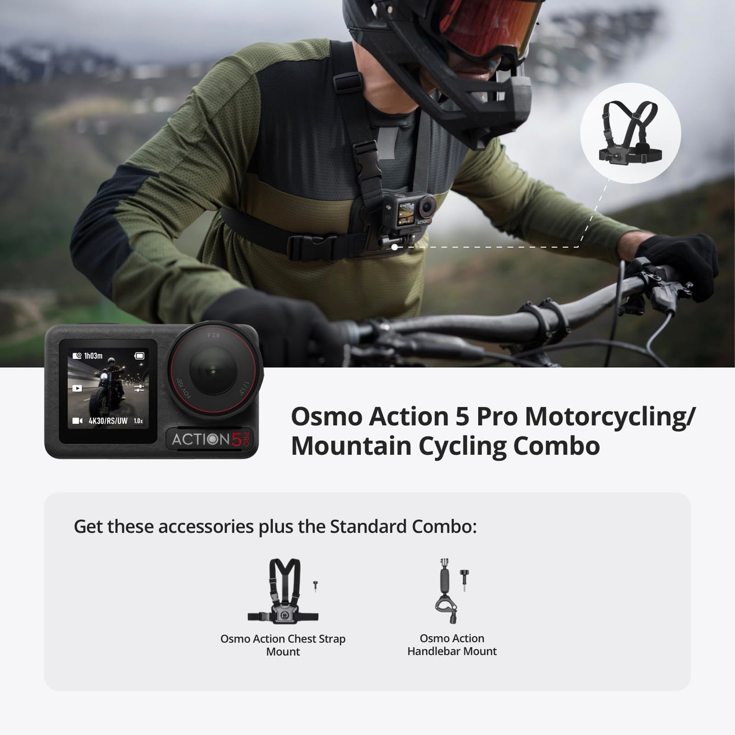 DJI Osmo Action 5 Pro Motorcycling/Mountain Cycling Combo, Action Camera 4K for Riders, 1/1.3" Sensor, 155º FOV, 4hrs Battery, Sports Data Recording, Chest Strap Mount for First-Person View