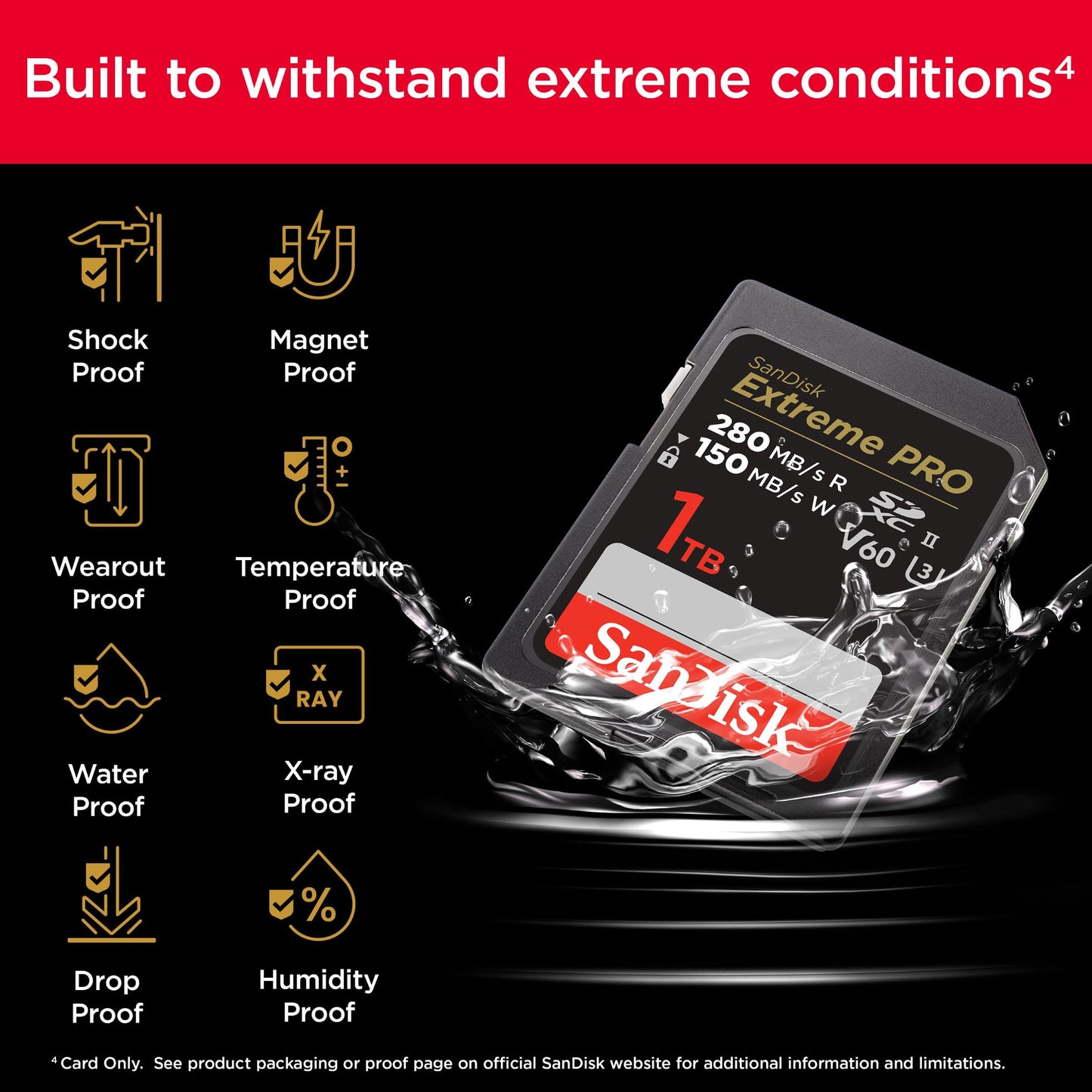 SanDisk 128GB Extreme PRO SDXC card, SD Card, V60 Memory card, 6K & 4K UHD, up to 280 MB/s, Shock, Temperature, Water and X-Ray Proof, RescuePro Deluxe data recovery software, UHS-II, Class 10, U3