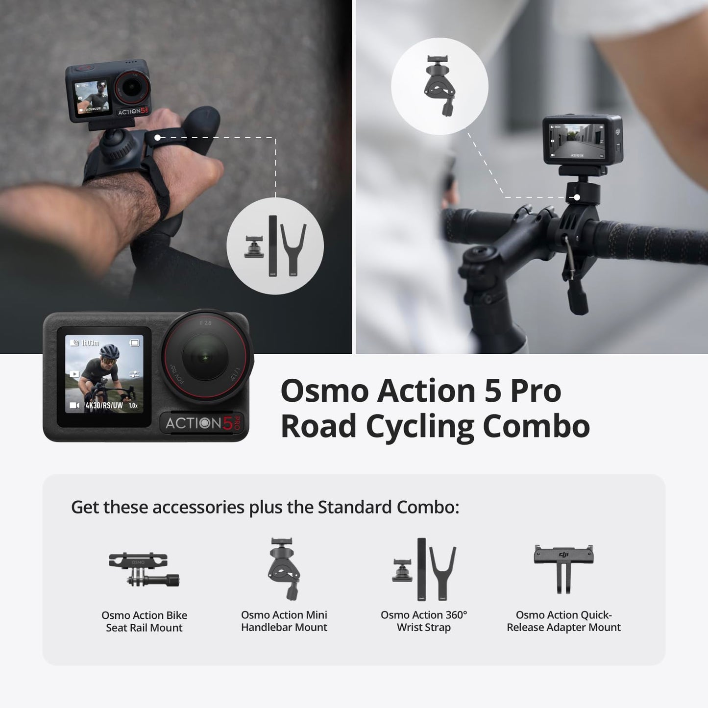 DJI Osmo Action 5 Pro Road Cycling Combo, Action Camera 4K, Videos With Stabilization, 4hrs Extended Battery Life, Magnetic Quick-Release, Bike Camera With Bike Seat Rail Mount and more