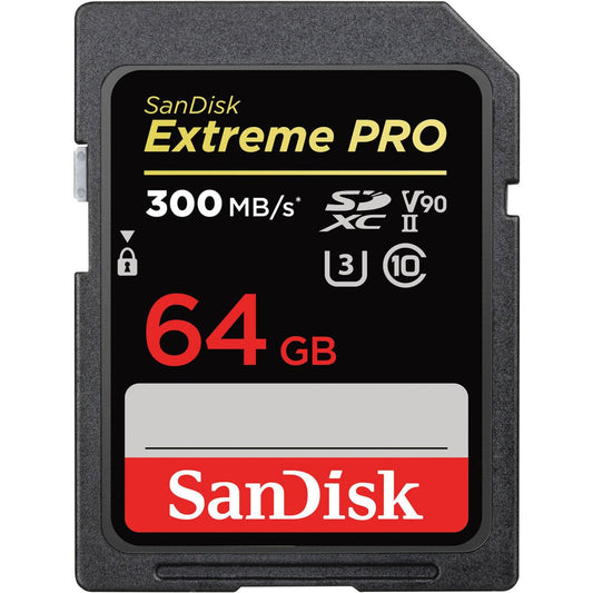 SanDisk 64GB Extreme PRO SDXC card, SD Card, V90 Memory Card, 8K, 4K and Full HD Video, up to 300 MB/s, Shock, Temperature, Water and X-Ray Proof, UHS-II, Class 10, U3