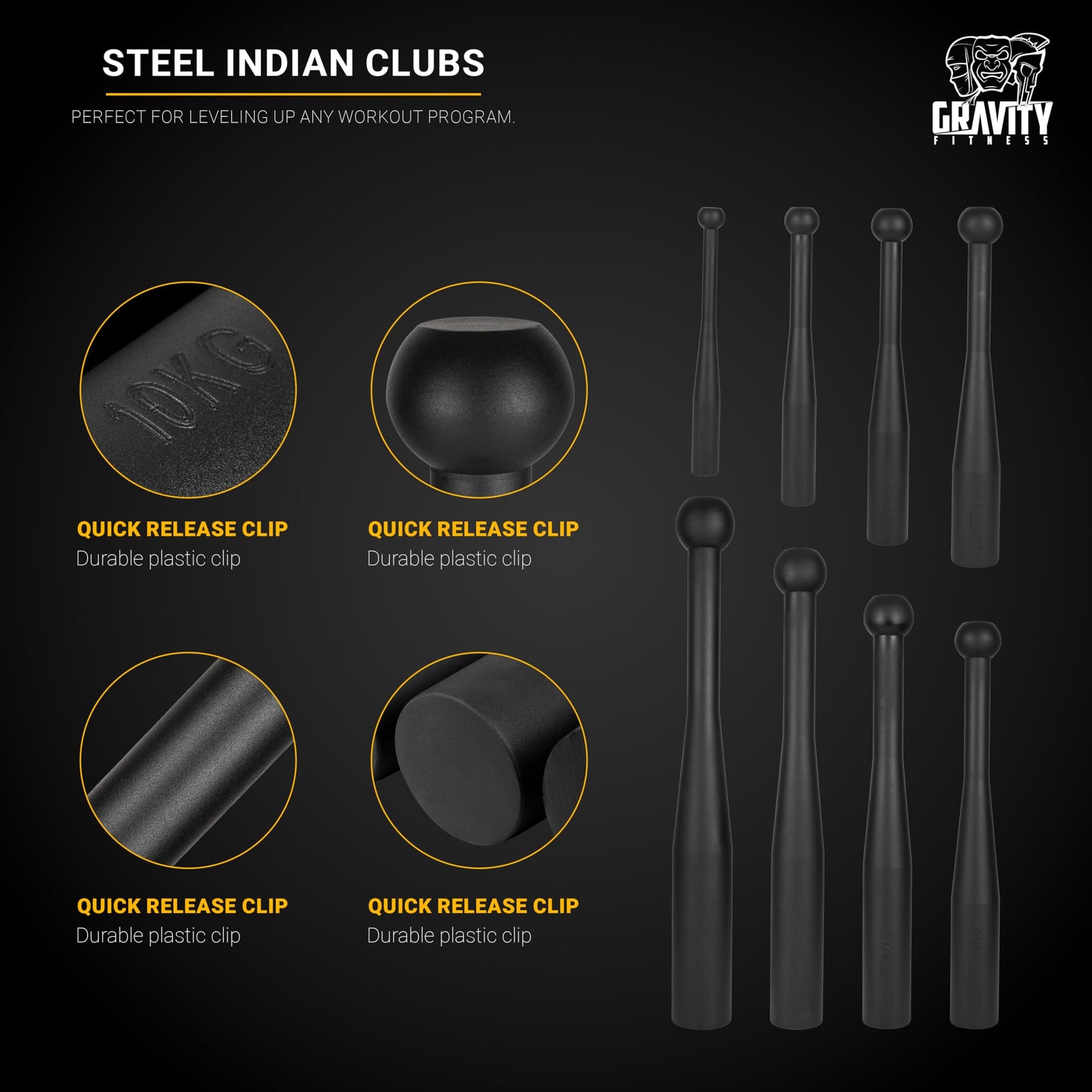 GRAVITY FITNESS Steel Indian Clubs - Club Mace for Functional Training, Grip Strength & Full-Body Workout - Cast Iron Clubbell Weights for Home Gym Strength Training (2kg)