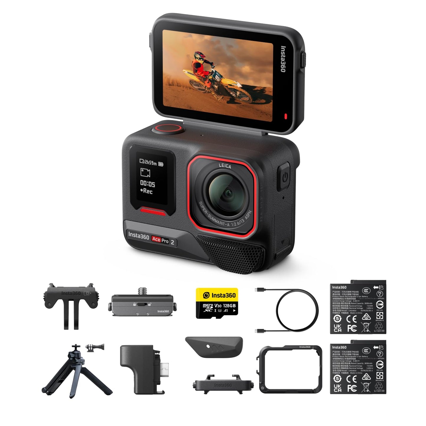 Insta360 Ace Pro 2 Ultimate Bundle - 8K Waterproof Action Camera Co-Engineered with Leica, 1/1.3" Sensor, Dual AI Chip, Leading Low Light, Superior Audio, Flip Screen & AI Editing for Vlogs