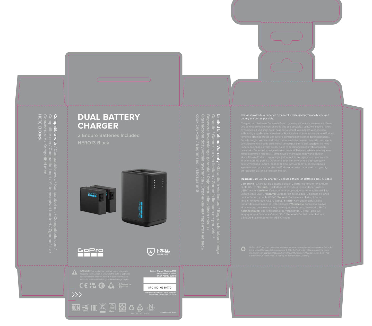 GoPro Dual Battery Charger + 2 Enduro Rechargeable Batteries (HERO13 Black) - Official GoPro Accessory