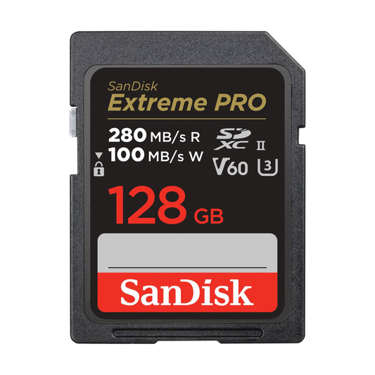 SanDisk 128GB Extreme PRO SDXC card, SD Card, V60 Memory card, 6K & 4K UHD, up to 280 MB/s, Shock, Temperature, Water and X-Ray Proof, RescuePro Deluxe data recovery software, UHS-II, Class 10, U3