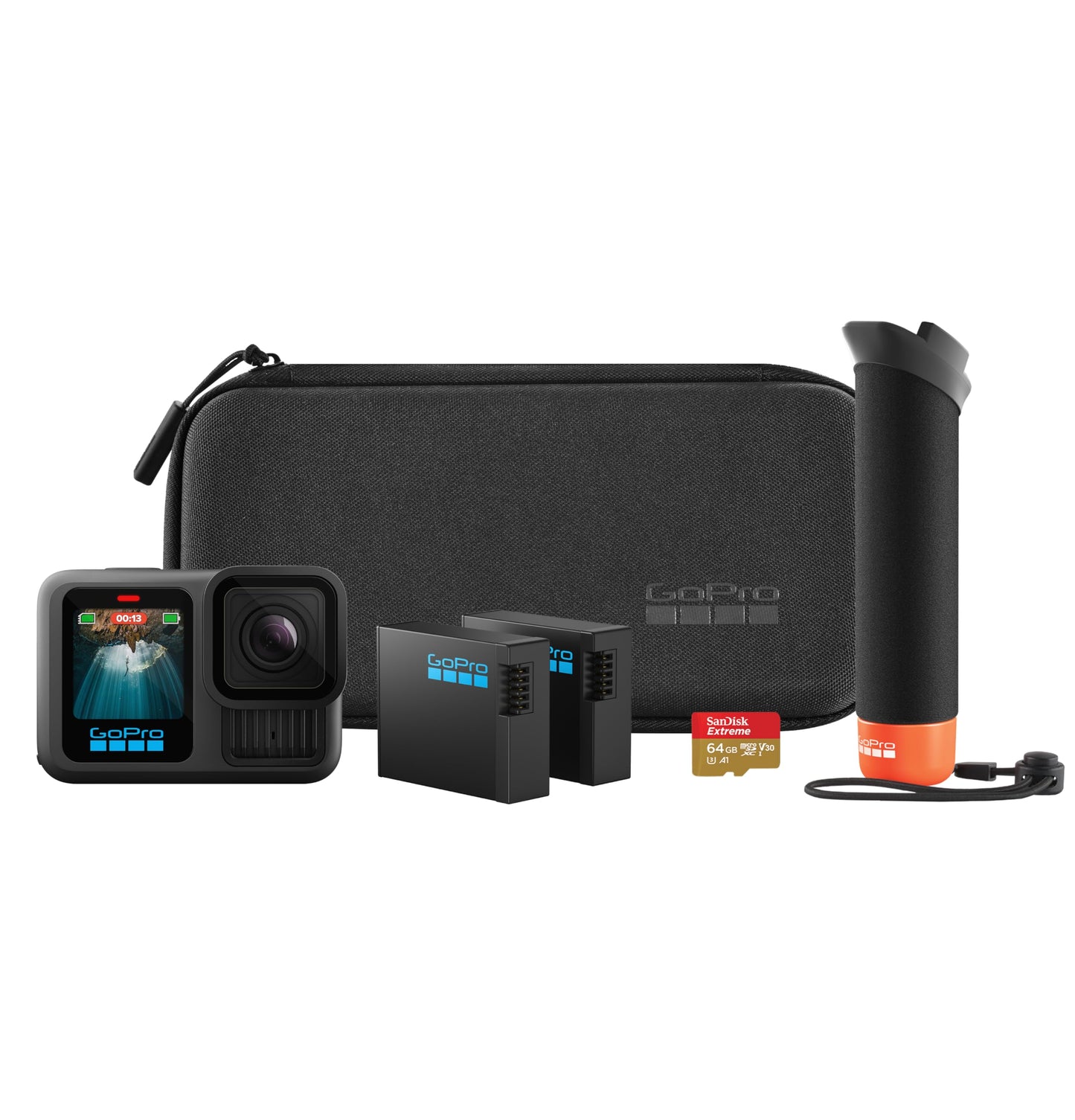 GoPro HERO13 Black Accessory Bundle - Includes The Handler (Floating Hand Grip), 2 Enduro Batteries, 2 Curved Adhesive Mounts, 64GB SanDisk MicroSD Card, Carrying Case, and more