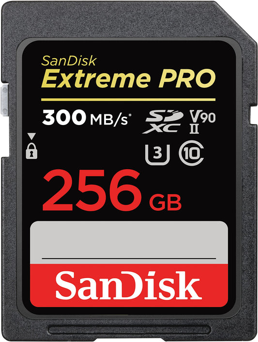 SanDisk 256GB Extreme PRO SDXC card, SD Card, V90 Memory Card, 8K, 4K and Full HD Video, up to 300 MB/s, Shock, Temperature, Water and X-Ray Proof, UHS-II, Class 10, U3,